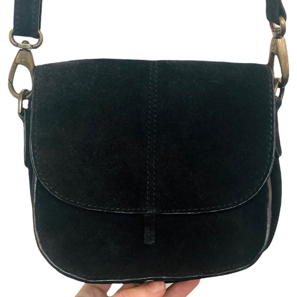 Fat Face Handbags - Fat Face Black Leather Suede Crossbody Bag Purse with Brass Tone Hardware